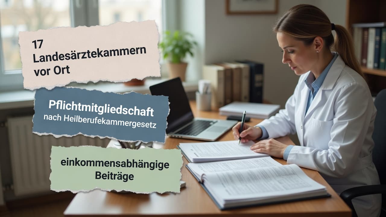 Symbolische Darstellung der Ärztekammer mit Aufgaben Berufsaufsicht, Weiterbildung und einkommensabhängigem Beitrag