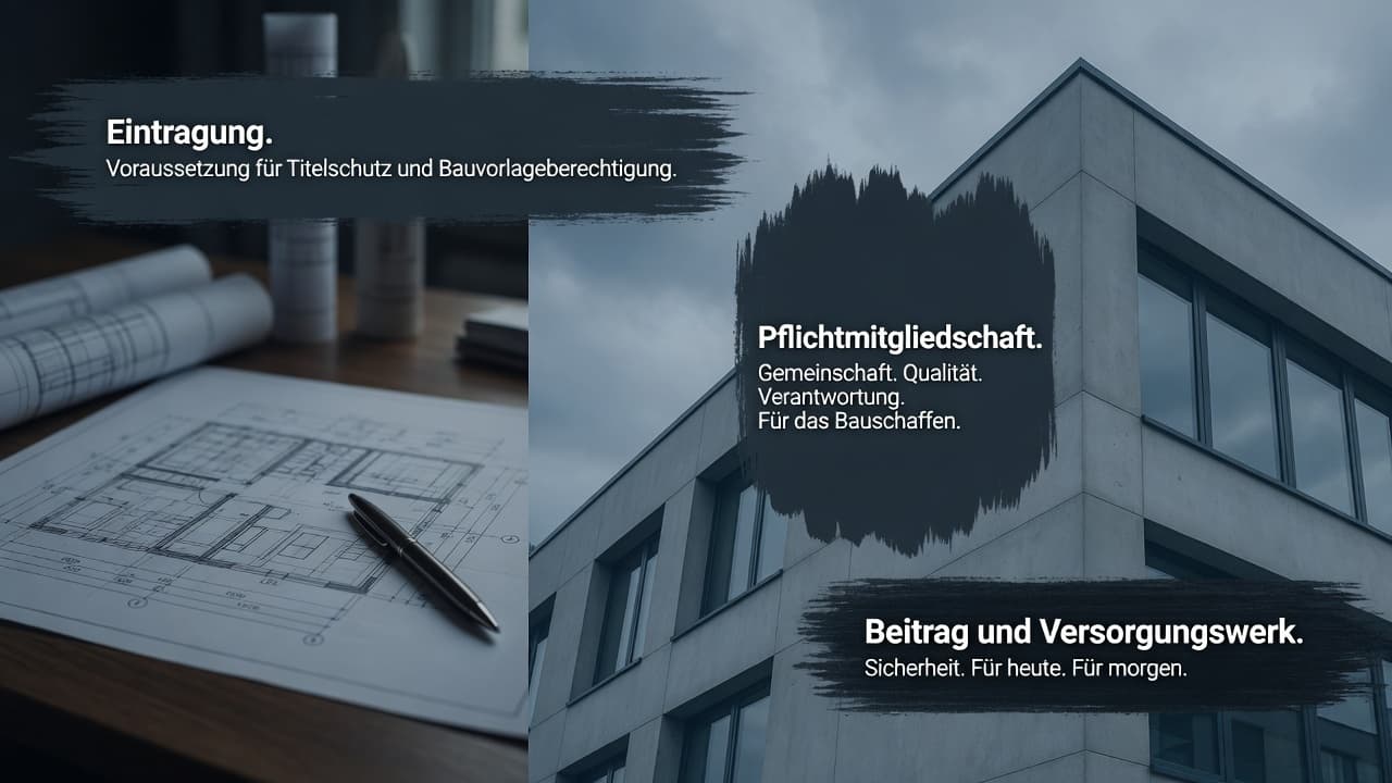 Schematische Darstellung von Architekten- und Ingenieurkammer mit Titelschutz, Eintragungsverzeichnis und Bauvorlageberechtigung