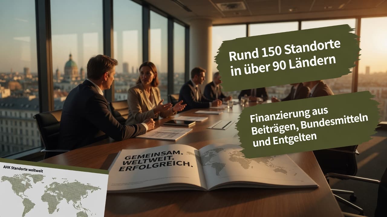 Weltkarte mit AHK-Standorten und Darstellung der Mischfinanzierung aus Beiträgen, Bundesmitteln und Entgelten
