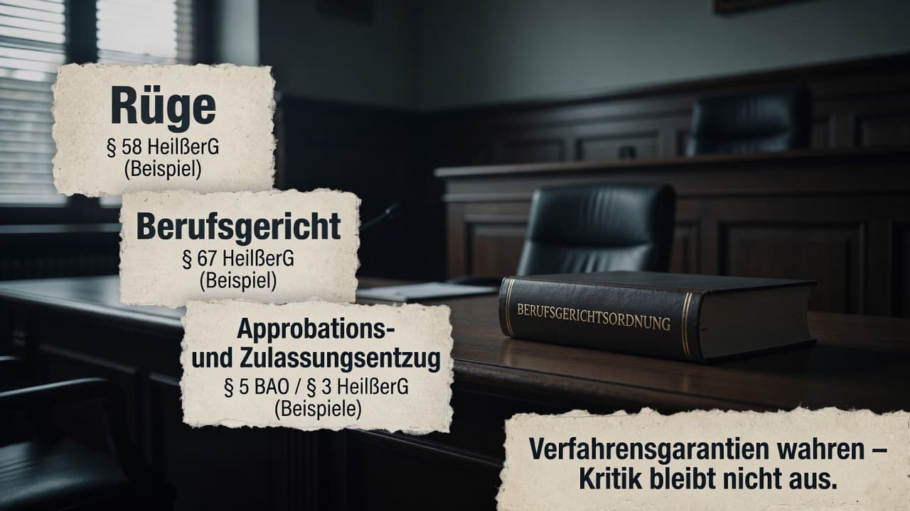 Schematische Darstellung der dreistufigen Berufsgerichtsbarkeit von der Rüge des Kammervorstands über das Berufsgericht bis zum Zulassungs- oder Approbationsentzug