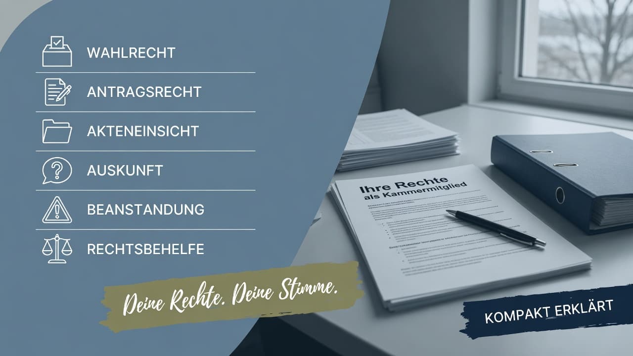 Sechs Symbol-Kacheln für Mitgliederrechte — Wahlurne, Antrag, Akte, Auskunft, Stoppschild und Gerichtssäule — vor einem Kammergebäude.