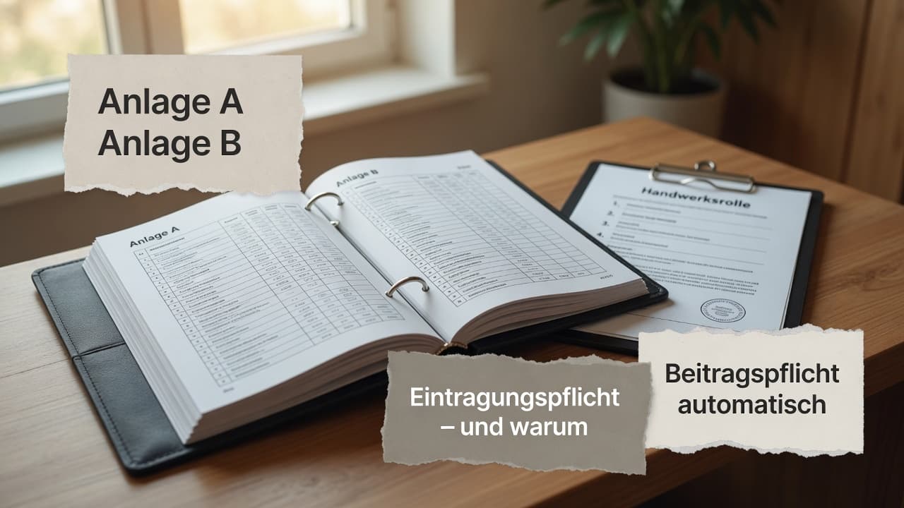 Register-Symbol mit Trennung in Anlage A zulassungspflichtig und Anlage B zulassungsfrei der Handwerksordnung