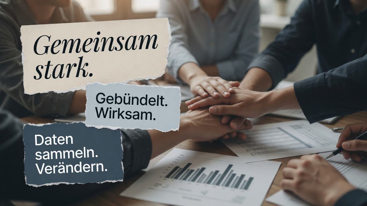 Viele kleine Figuren reichen sich die Hände und bilden gemeinsam einen großen Pfeil, der auf ein Kammergebäude zeigt.