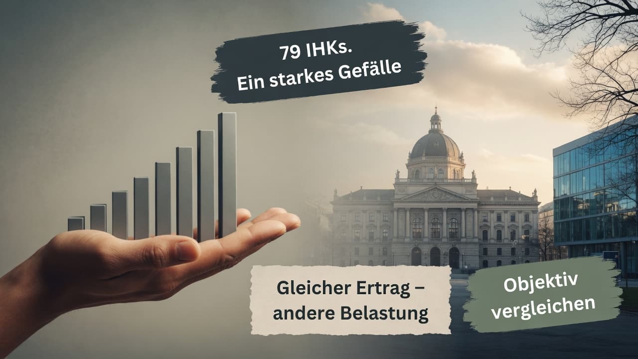 Vergleichsgrafik großer und kleiner IHKs nach Mitgliederzahl, Haushalt und Beitragshöhe