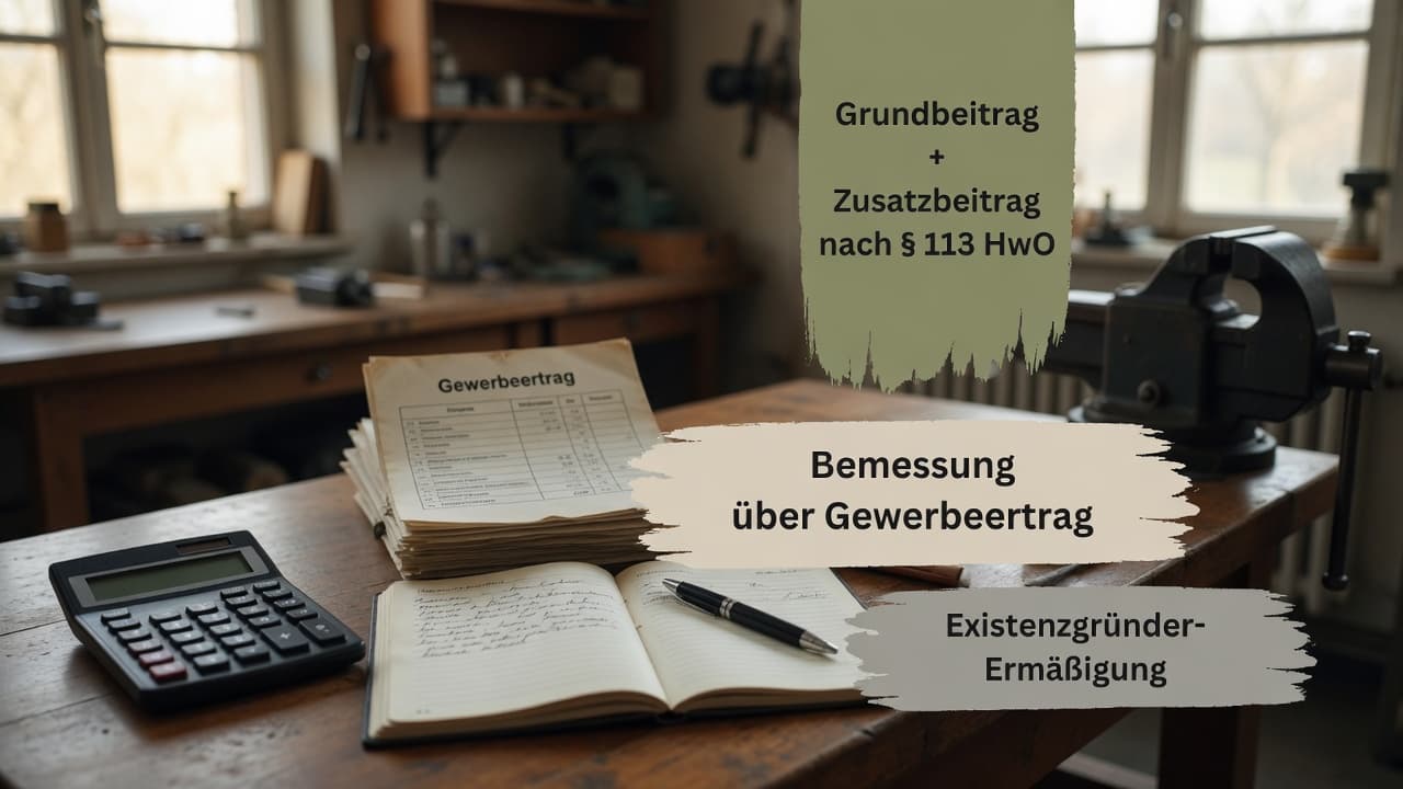 Rechensymbol mit zwei Bausteinen Grundbeitrag und Zusatzbeitrag, die sich zum Handwerkskammer-Jahresbeitrag addieren