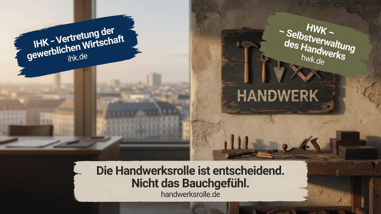 Gegenüberstellung von IHK und Handwerkskammer mit den Kriterien Handwerksrolle und Gewerberegister