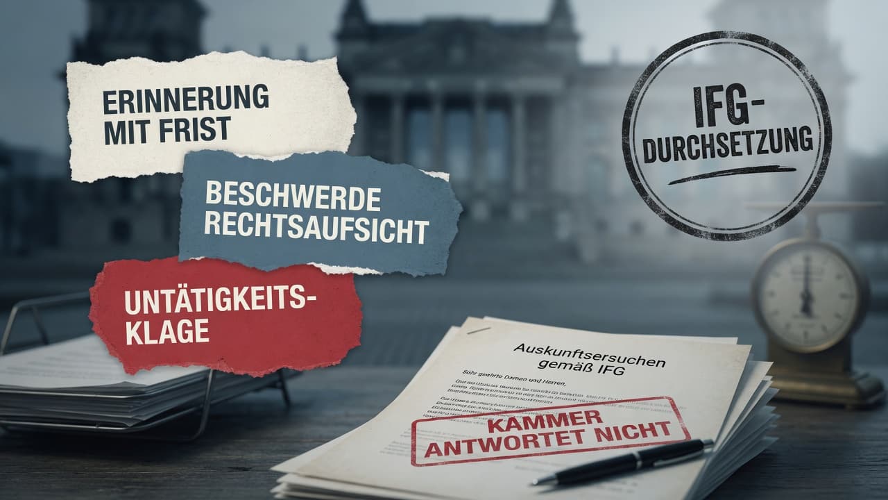Eine Treppe mit vier Stufen, beschriftet von Erinnerung über Rechtsaufsicht bis Untätigkeitsklage, führt zum Kammergebäude.
