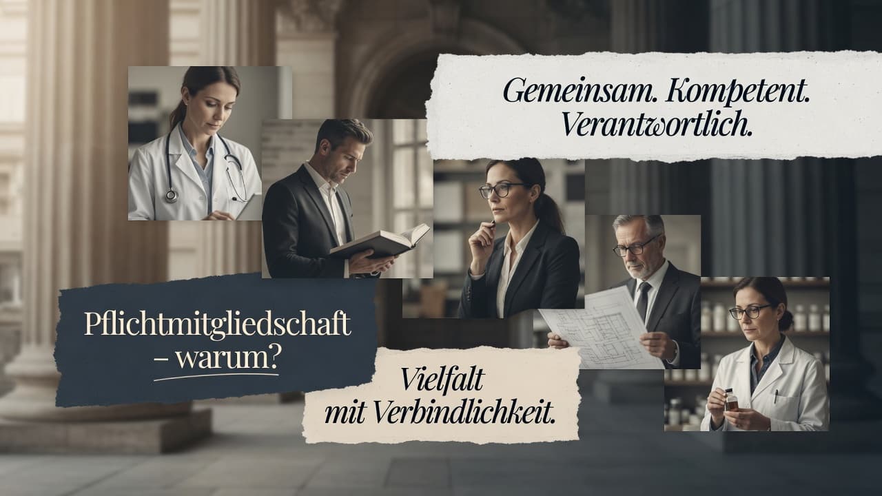 Schematische Übersicht der Kammergruppen freier Berufe: Heilberufe, rechts- und wirtschaftsberatende Berufe, technische Berufe