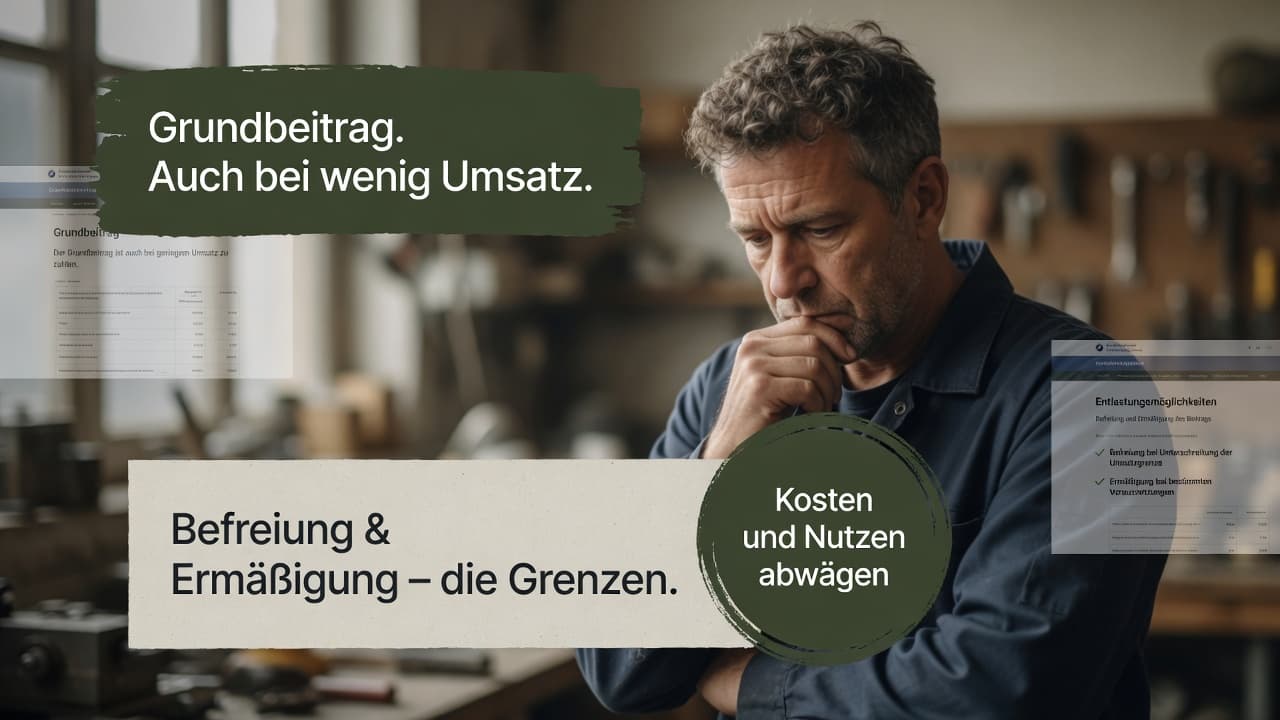 Kleiner Handwerksbetrieb auf einer Waage, die zwischen Grundbeitrag und tatsächlich genutzten Leistungen balanciert