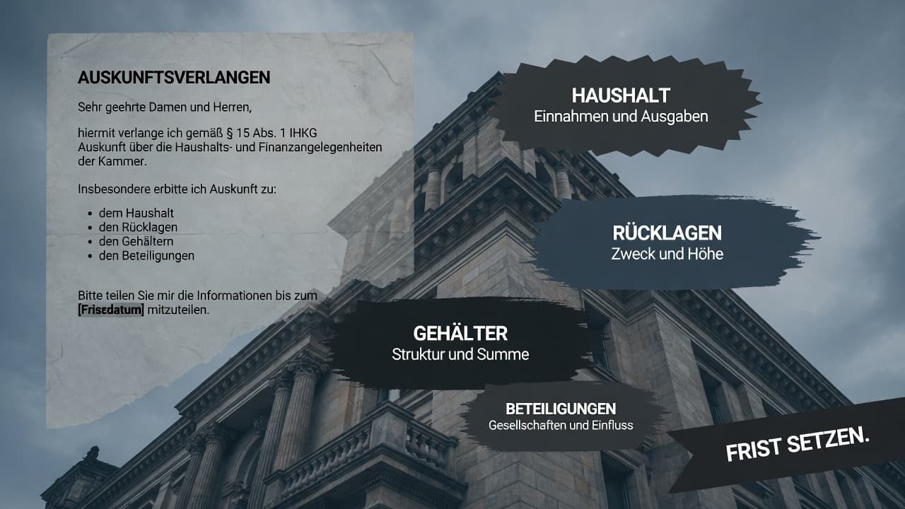 Ein formeller Brief mit nummerierten Finanzfragen an eine Kammer, daneben ein Stift und ein Kalender mit Fristmarkierung.
