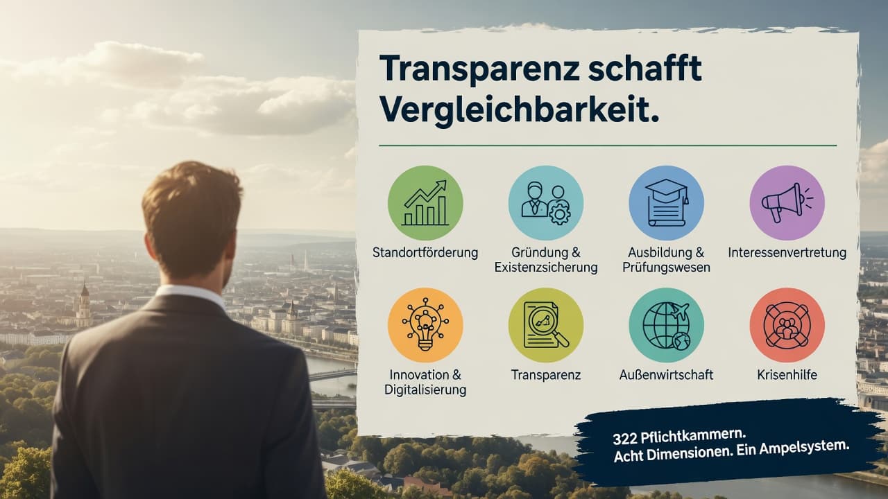 Ampelsystem in Grün, Gelb und Rot über acht Bewertungsdimensionen einer Kammer als schematischer Performance-Index