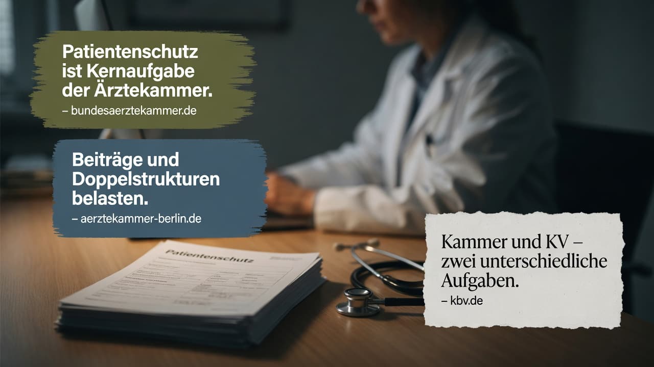 Waage, die das Argument Patientenschutz und Berufsaufsicht gegen die Kritik an Beitrag und Doppelstruktur der Ärztekammer abwägt