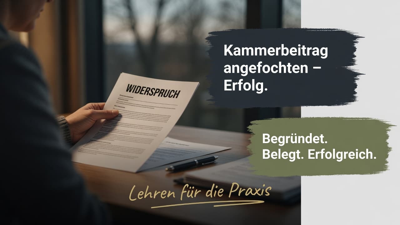 Ein Beitragsbescheid mit grünem Häkchen und korrigiertem Betrag, daneben Aktenordner als Sinnbild für sauber dokumentierte Argumente.