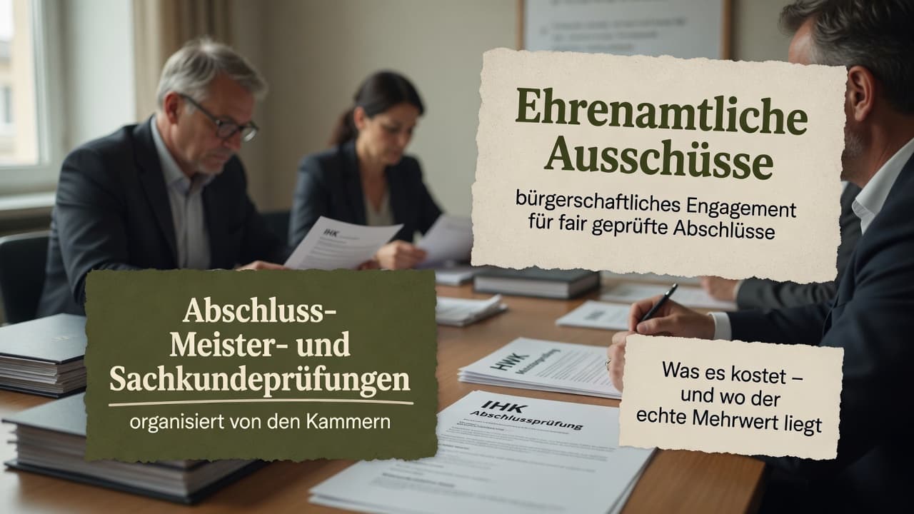 Prüfungsausschuss am Tisch mit Urkunde und Kammersiegel, Symbol für das ehrenamtliche Prüfungswesen der Kammern