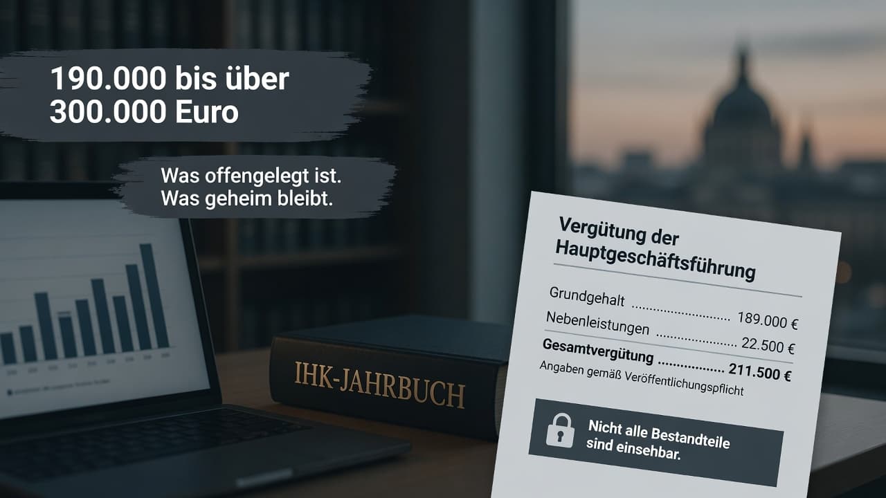 Gehaltsband eines Kammer-Hauptgeschäftsführers mit Fixum und Bonus, daneben ein verschlossenes Aktensymbol für fehlende Transparenz