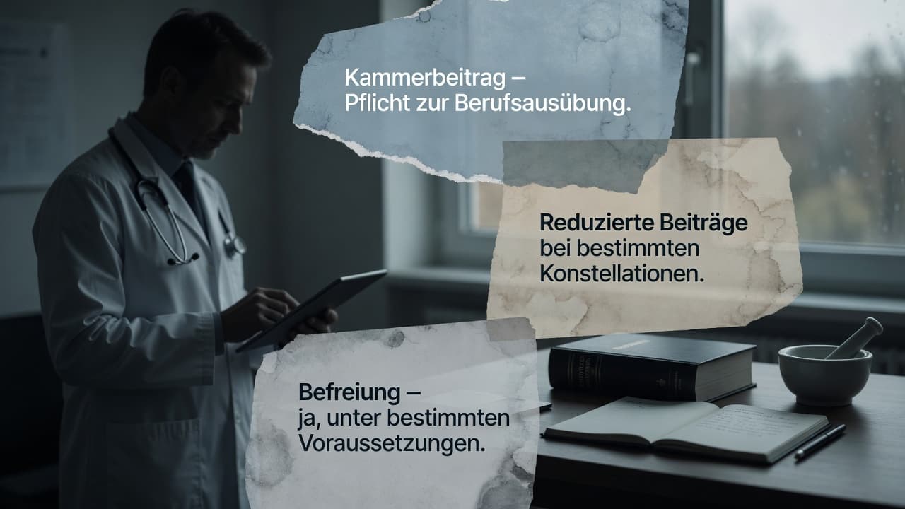 Schematische Darstellung von angestellten Ärzten, Anwälten und Apothekern mit der Frage nach ihrer Kammerbeitragspflicht