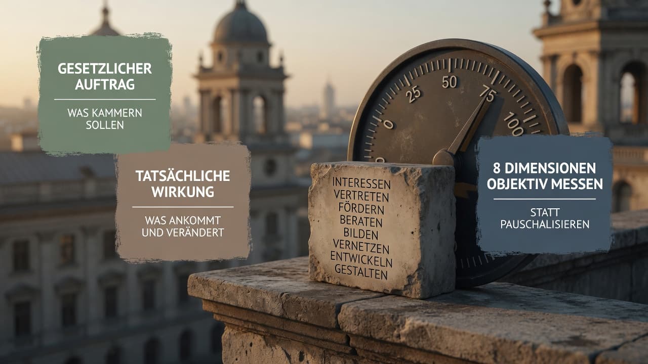 Waage, die gesetzlichen Auftrag und tatsächliche Wirkung der Kammern gegeneinander abwägt, mit acht Bewertungsdimensionen
