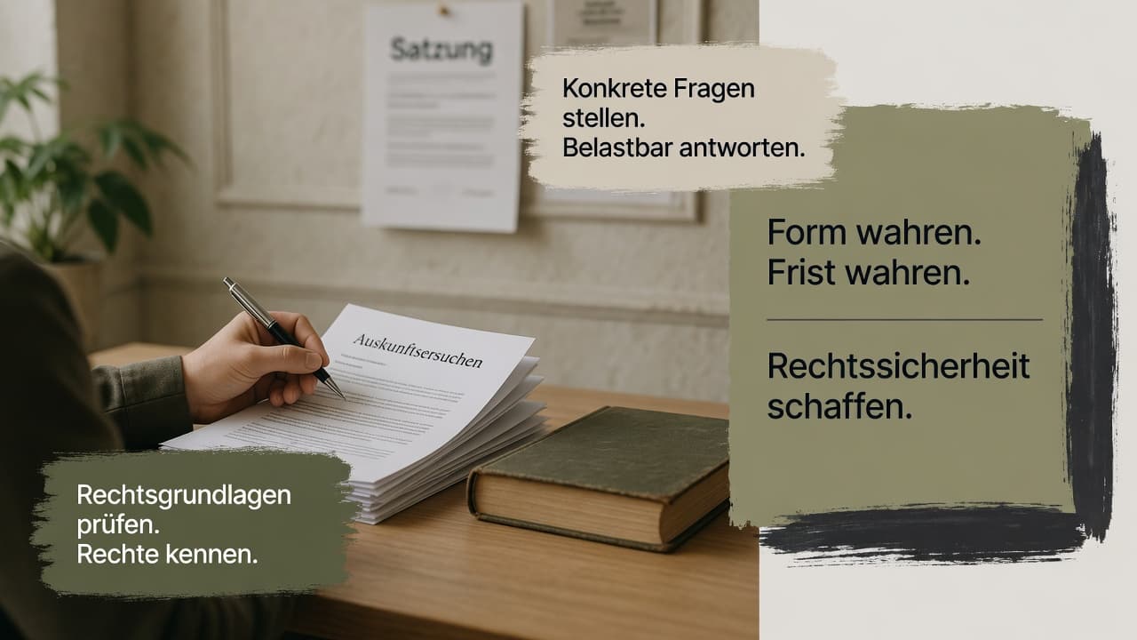 Briefumschlag mit der Aufschrift Auskunftsersuchen vor dem Gebäude einer Kammer, symbolisch für die Anfrage eines Mitglieds.
