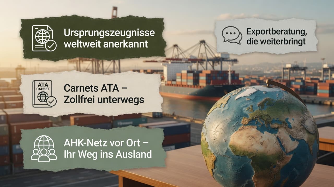 Weltkarte mit Containerschiff und Kammersiegel, Symbol für Außenwirtschaftsförderung und das AHK-Netz der Kammern