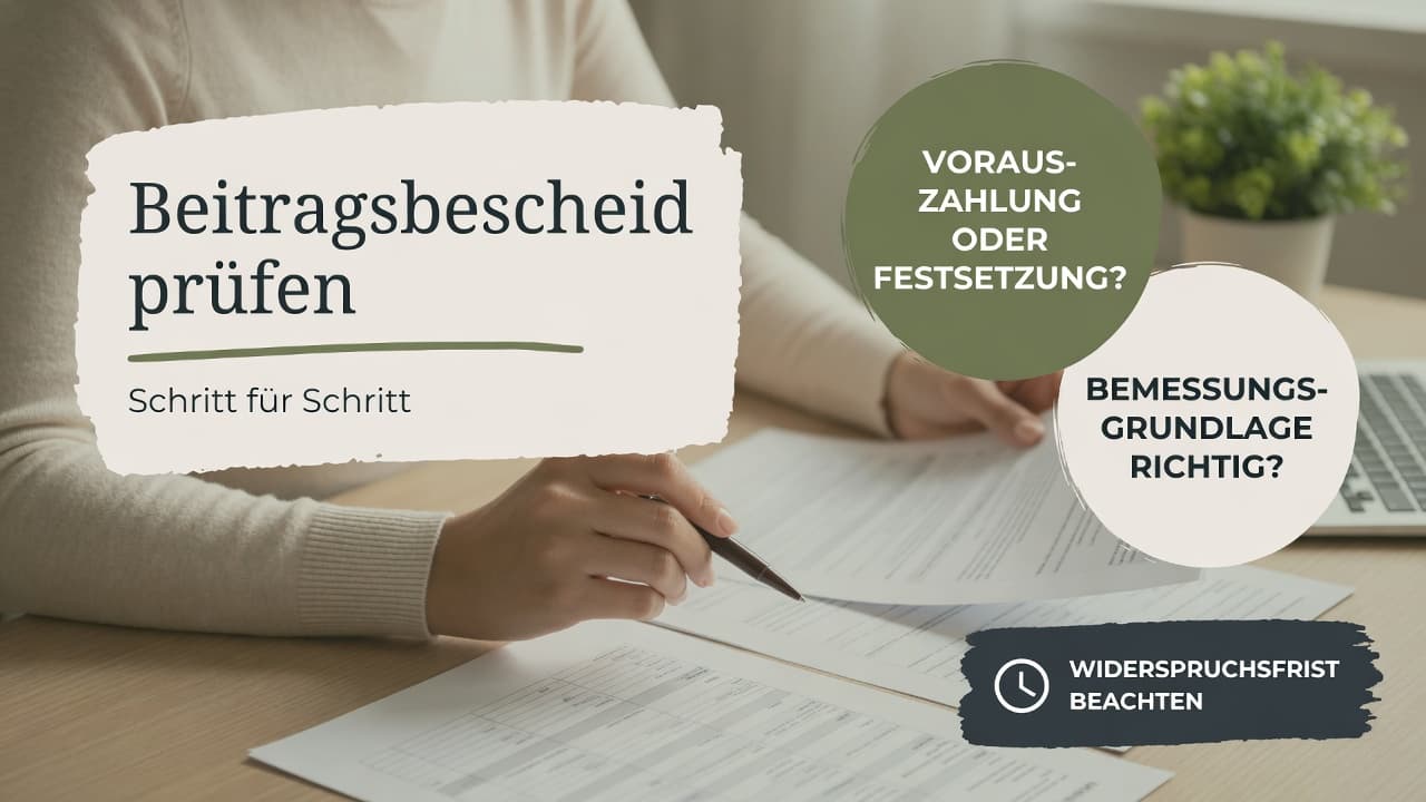 Checkliste über einem Kammer-Beitragsbescheid mit markierter Bemessungsgrundlage und Rechtsbehelfsbelehrung
