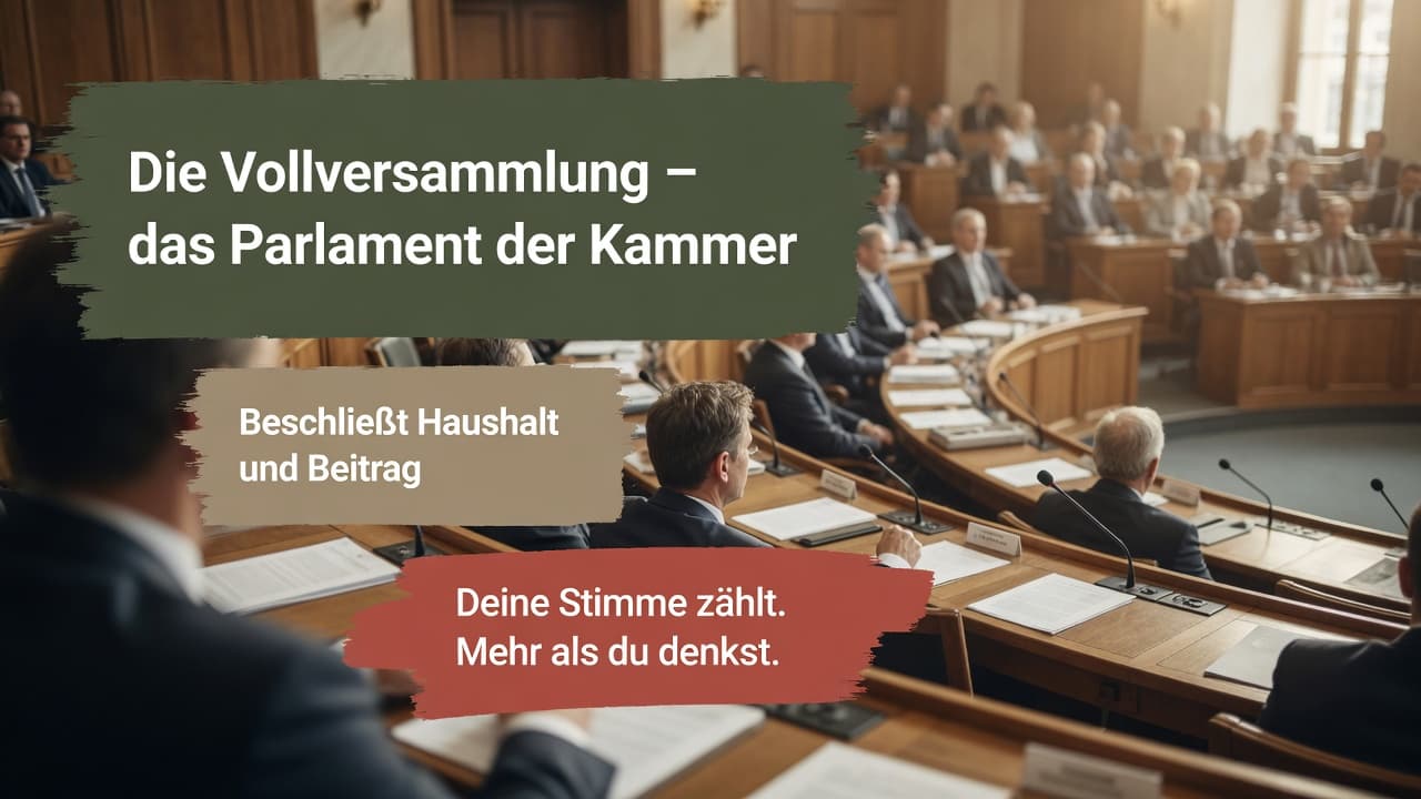 Symbolische Darstellung einer Kammer-Vollversammlung als gewähltes Selbstverwaltungsorgan mit Sitzreihen