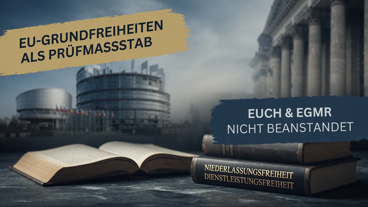 Europaflagge und Waage über einem Kammergebäude als Sinnbild der europarechtlichen Prüfung der Pflichtmitgliedschaft