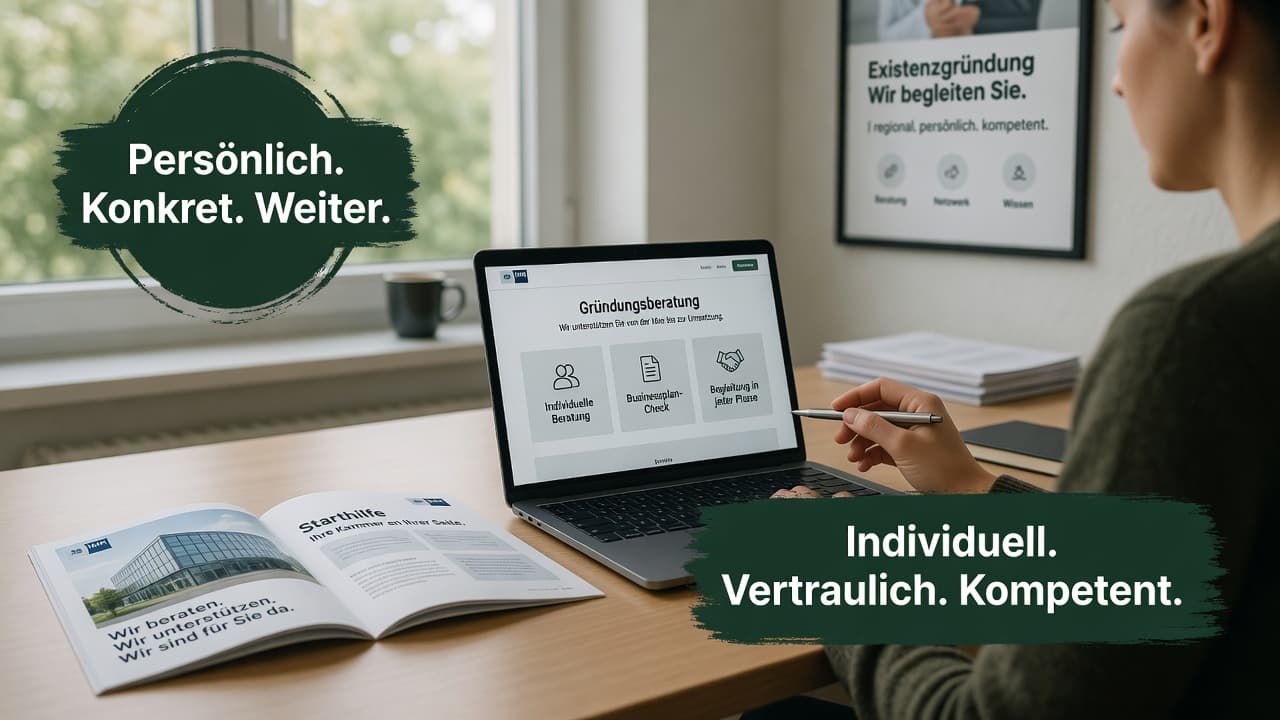 Gründerin mit Businessplan am Beratungstisch der Kammer, Symbol für Existenzgründungsberatung und Tragfähigkeitsprüfung