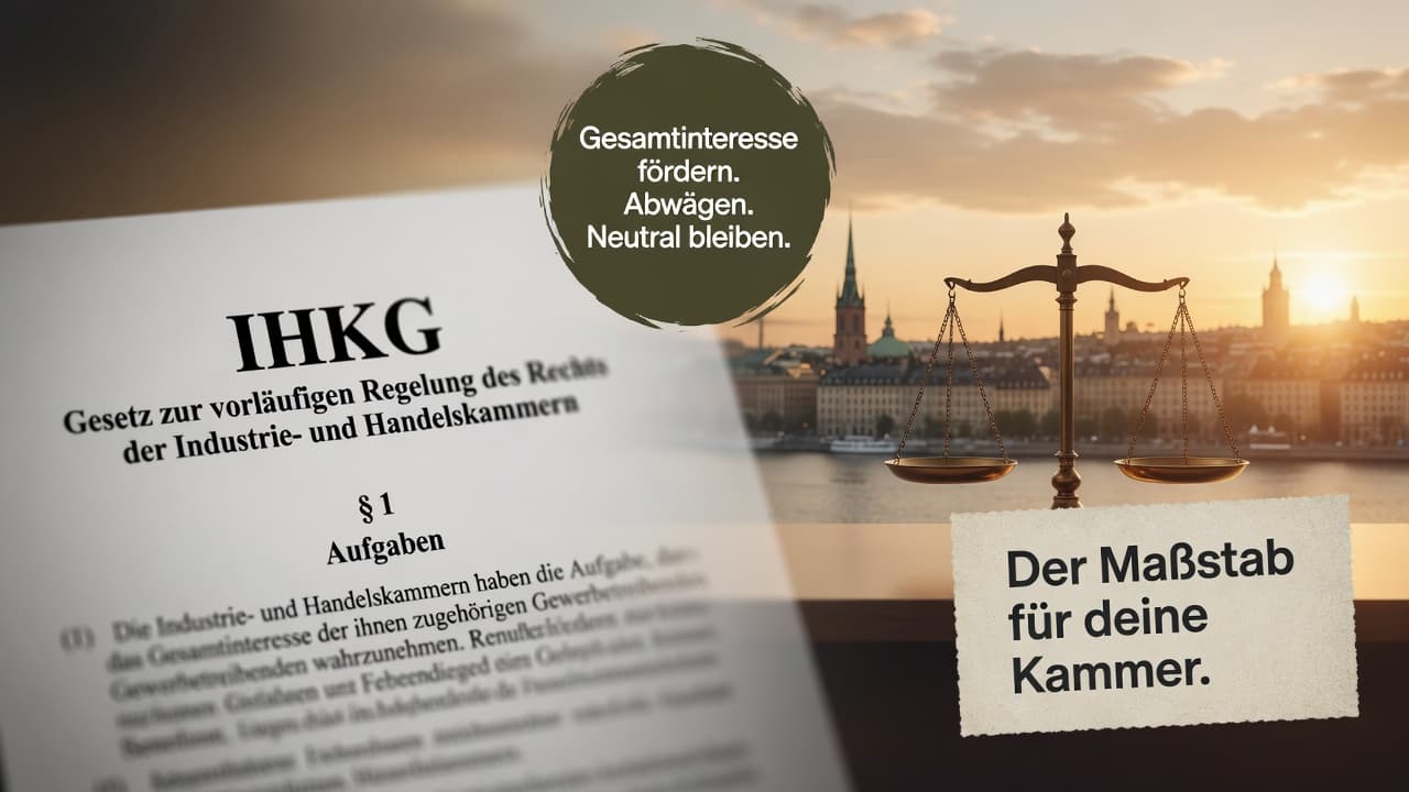 Gesetzbuch mit aufgeschlagenem § 1 IHKG, daneben eine Waage als Symbol für die Abwägungspflicht der Kammer