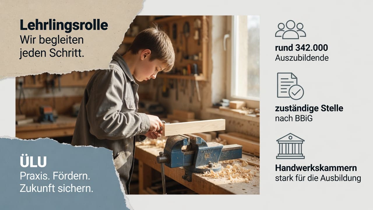 Ausbildungswerkstatt mit Lehrling und Symbolen für Lehrlingsrolle, ÜLU-Werkstatt und Gesellenprüfung