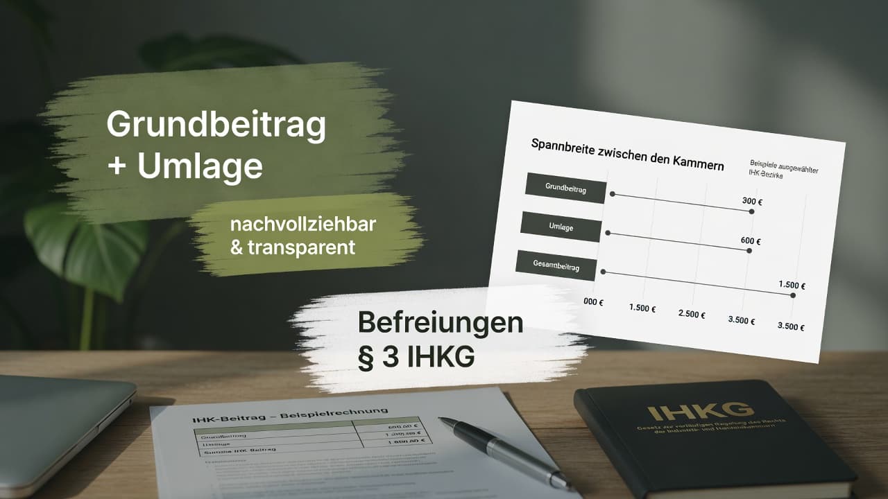 Grafik einer IHK-Beitragsrechnung mit Grundbeitrag, Umlage auf den Gewerbeertrag und Freibetrag
