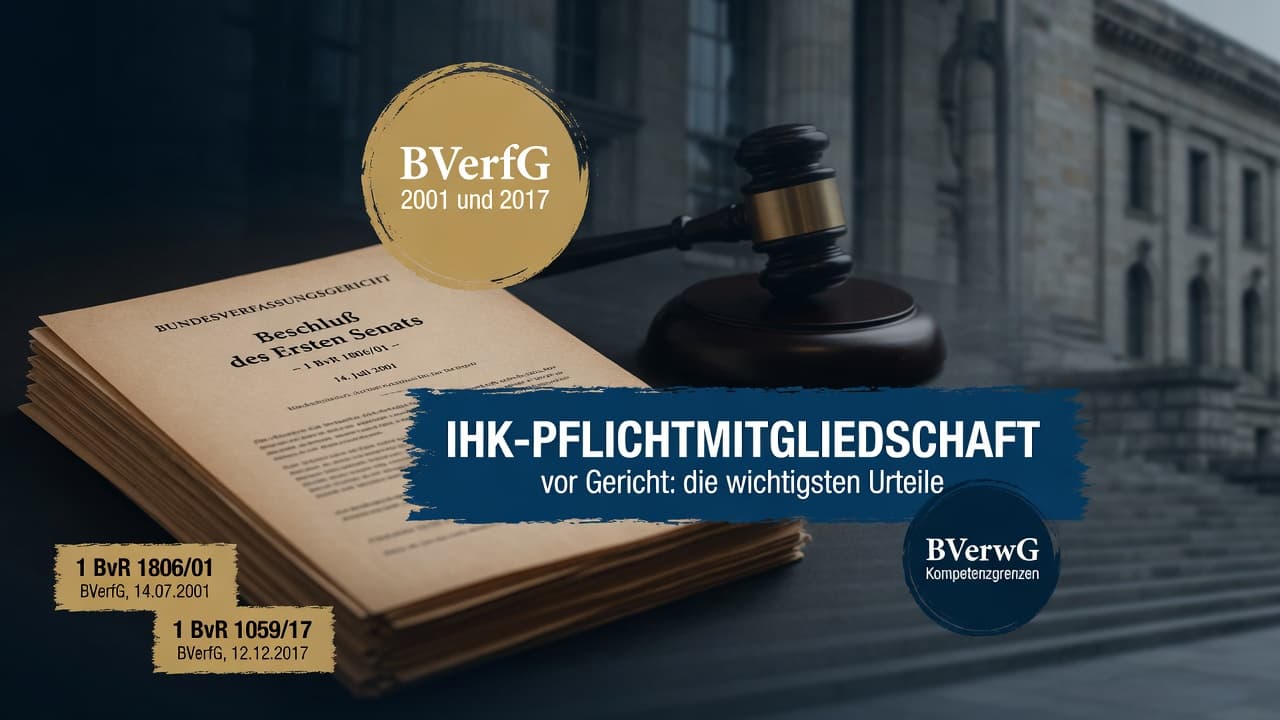 Grafik mit Gerichtssymbolen und Aktenzeichen zu Urteilen über die IHK-Pflichtmitgliedschaft