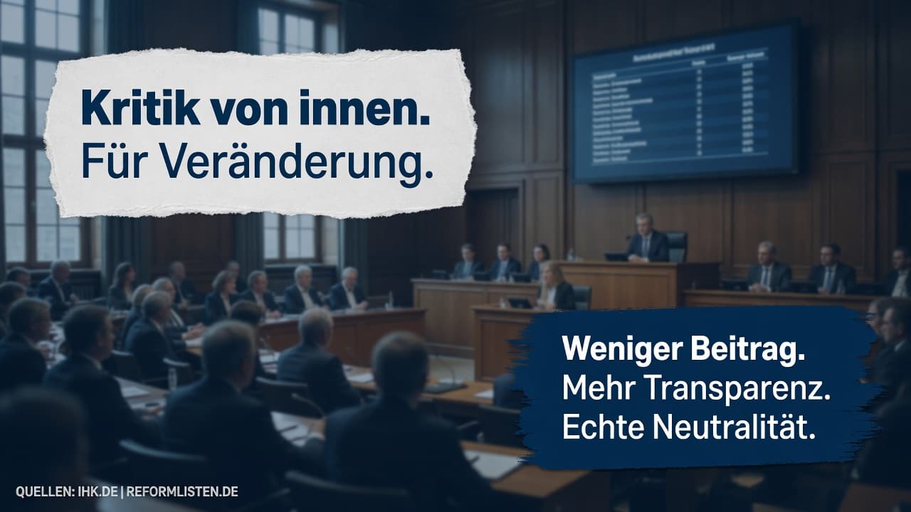 Grafik zur IHK-Reformbewegung: Reformlisten in der Vollversammlung und Forderungen nach Beitragssenkung und Transparenz