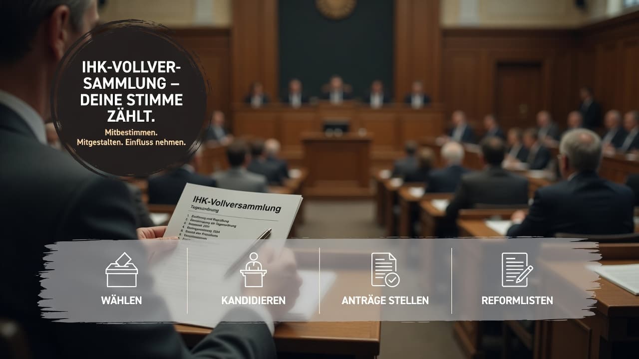 Grafik der IHK-Vollversammlung als gewähltes Parlament mit Wahlrecht, Anträgen und Beitragsbeschluss