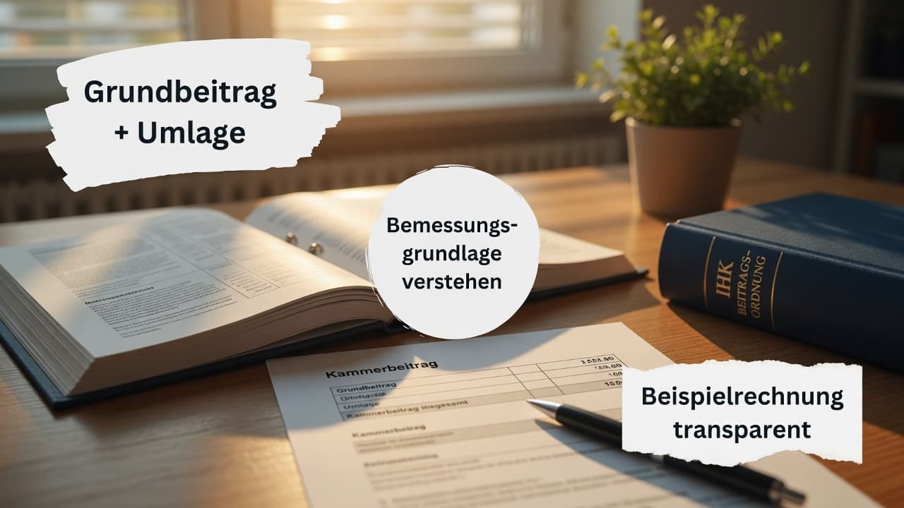 Schematische Darstellung der Beitragsformel aus Grundbeitrag und prozentualer Umlage auf den Gewerbeertrag
