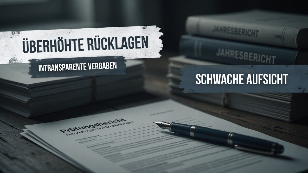 Prüflupe über Kammerbilanzen mit markierten Posten Rücklagen und Vergaben