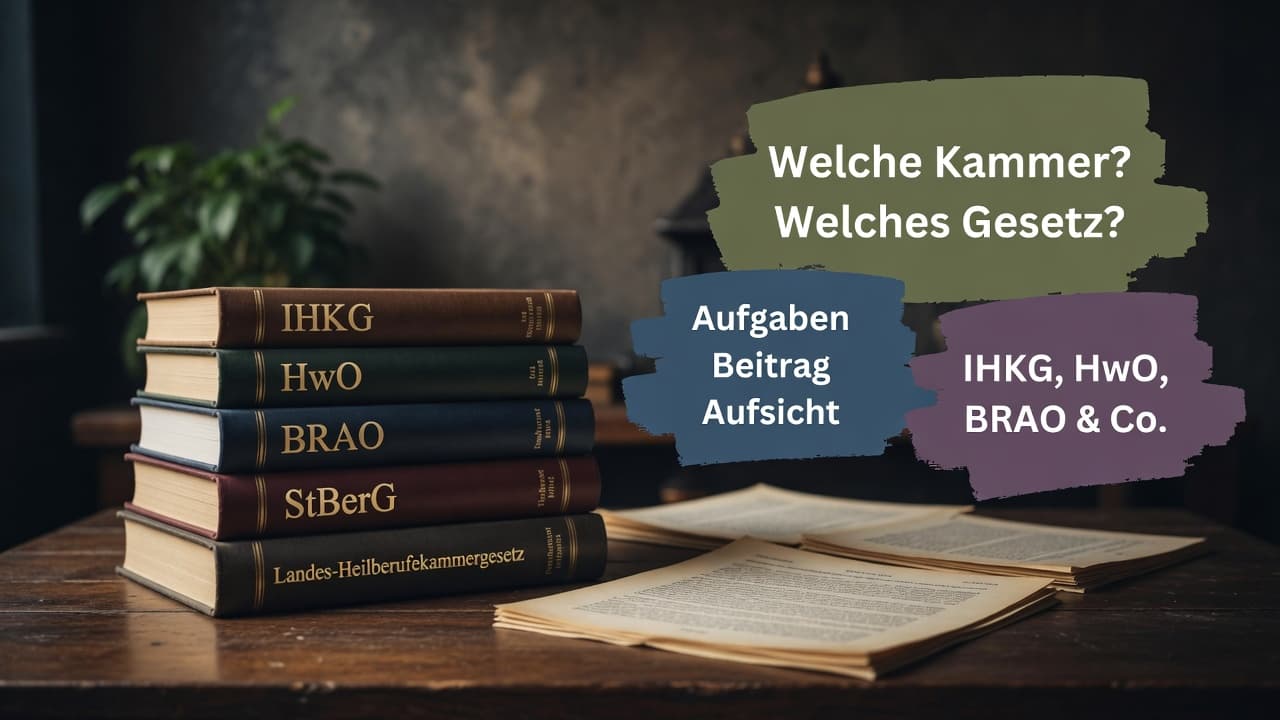 Gesetzbücher mit den Kürzeln IHKG, HwO und BRAO, sortiert nach Kammergruppen als Symbol für die rechtlichen Grundlagen der Pflichtkammern