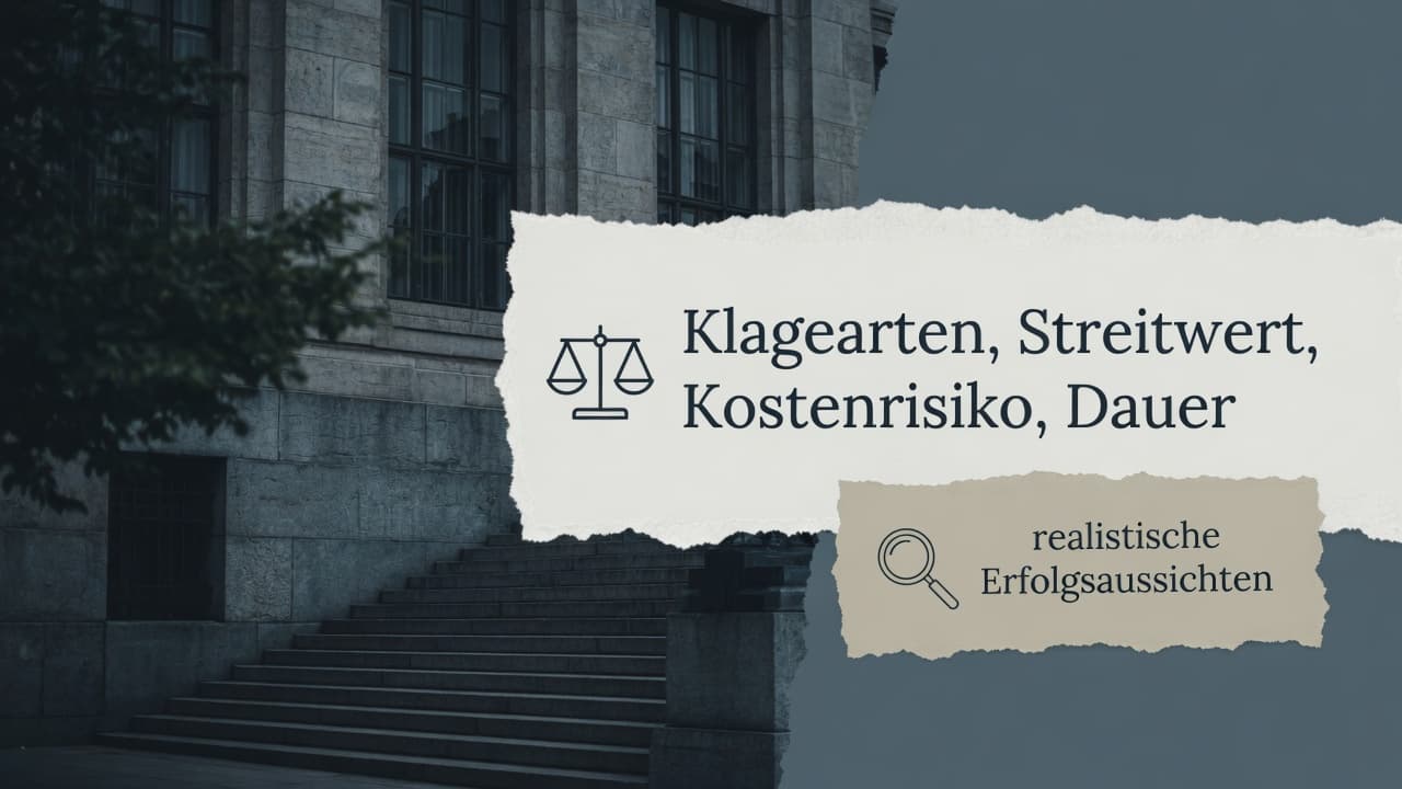 Waage der Justiz vor einem Verwaltungsgericht, auf einer Seite ein Kammer-Beitragsbescheid, auf der anderen das Kostenrisiko.