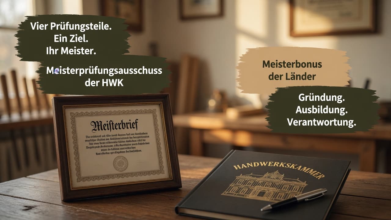 Meisterbrief-Urkunde mit vier Prüfungsteilen als nummerierte Bausteine im Hintergrund