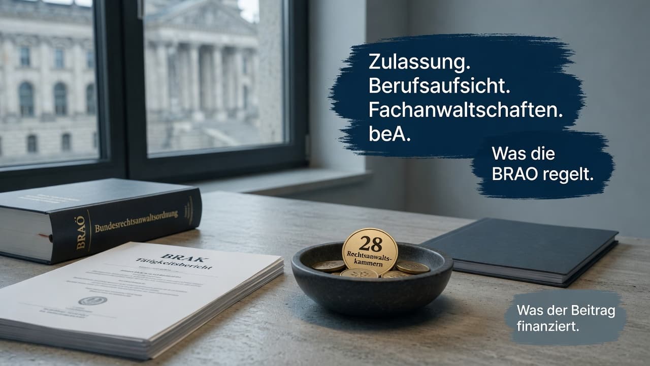 Schematische Darstellung der Rechtsanwaltskammer mit Zulassung, Berufsaufsicht und besonderem elektronischen Anwaltspostfach