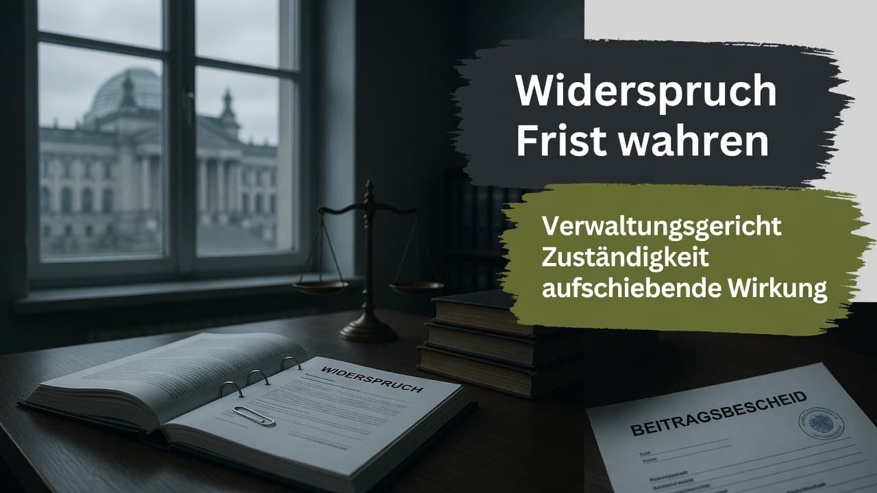 Verwaltungsgericht und Briefumschlag mit Widerspruch als Symbol für den Rechtsweg gegen Kammerbescheide