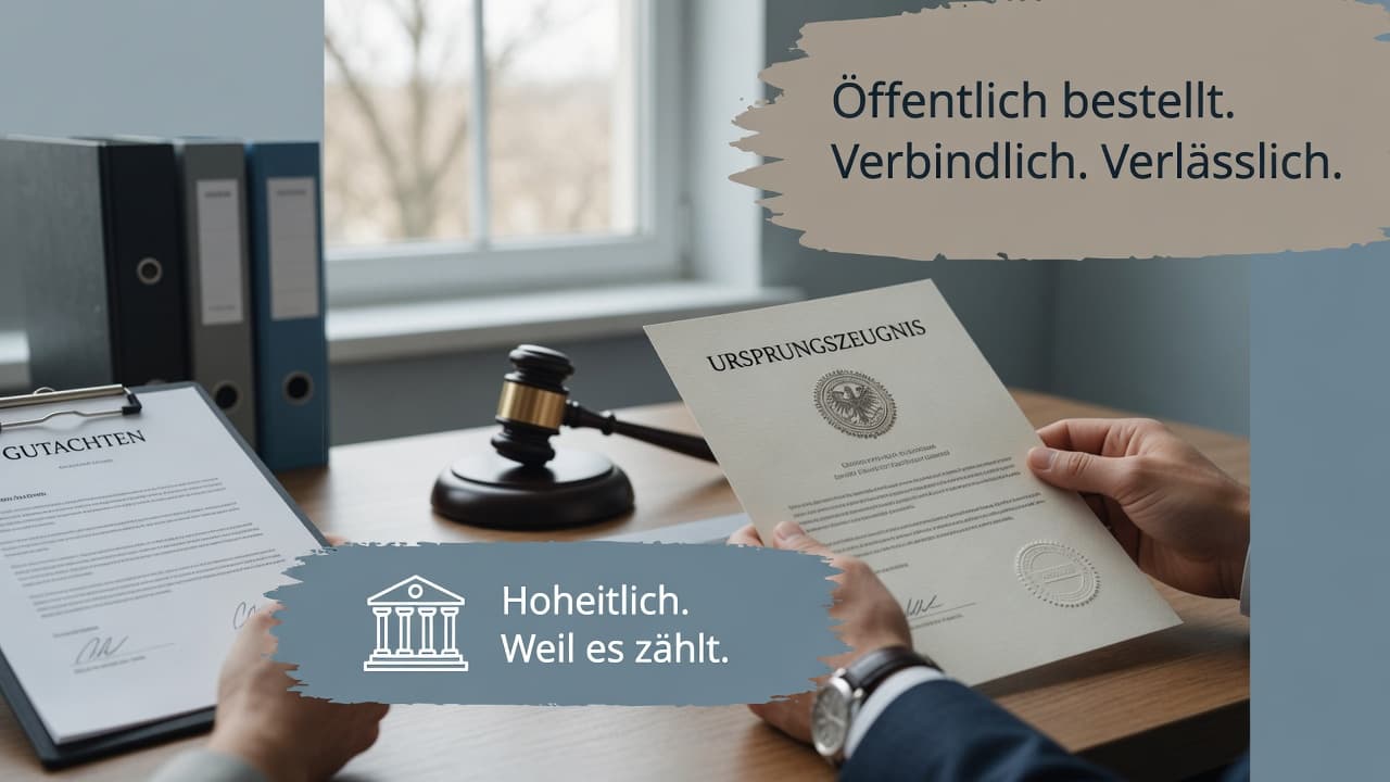 Amtliches Siegel über Ursprungszeugnis und Sachverständigen-Stempel, Symbol für hoheitliche Bescheinigungen der Kammern