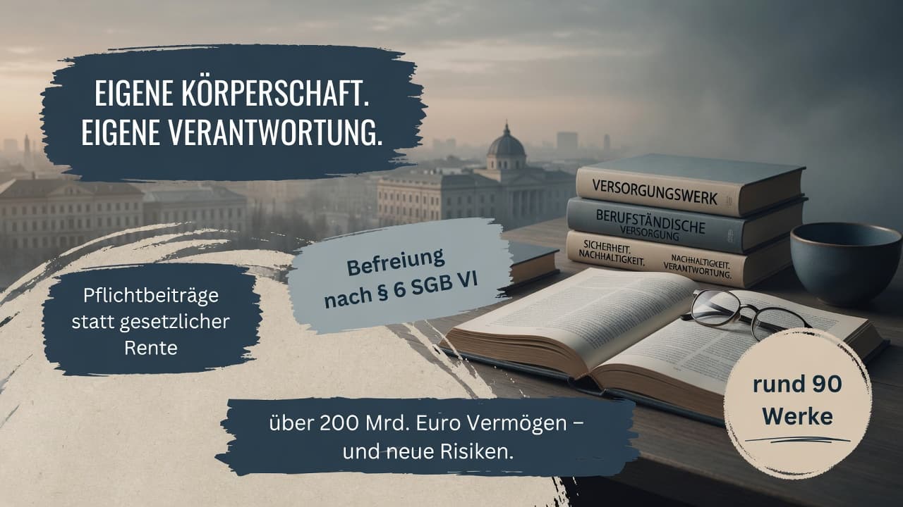 Schematische Darstellung berufsständischer Versorgungswerke mit Pflichtbeitrag, Befreiung von der gesetzlichen Rente und Kapitaldeckung