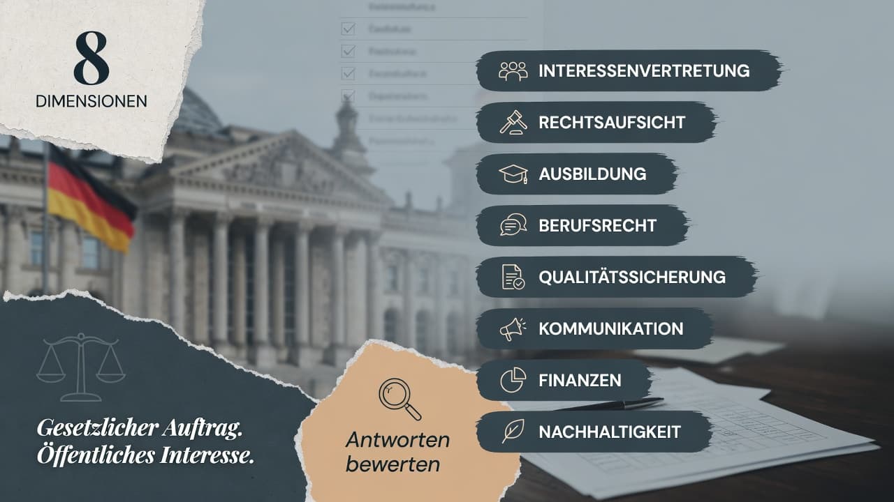 Checkliste mit acht Häkchen-Feldern, jedes für eine Bewertungsdimension der Kammerarbeit, vor einem Kammergebäude.