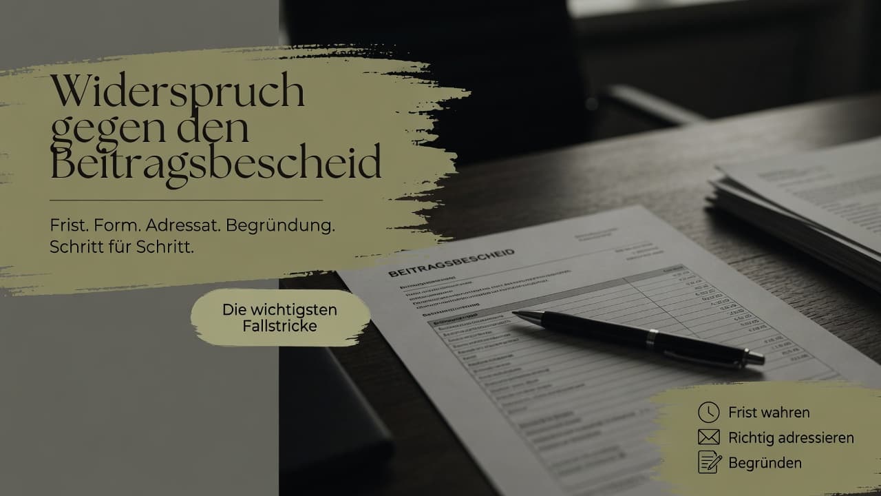 Beitragsbescheid einer Kammer mit Rotstift-Markierung und einem Kalender, der die Monatsfrist für den Widerspruch zeigt.